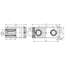 Quadro-Linearlagereinheit KGQ-3 ISO-Reihe 3 Premium mit Linear-Kugellagern mit Winkelausgleich mit Doppellippendichtung für Wellen-Ø 50mm, Technische Zeichnung