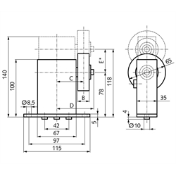 Riemenspanner SPANN-BOX® Größe 1 Typ SR-S hohe Spannkraft Rollen-Ø 65mm (zylindrisch) Rollenbreite 20mm, Technische Zeichnung