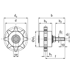 PU-Kettenschmierritzel für Einfach-Rollenketten, Schmieranschluss axial, Technische Zeichnung
