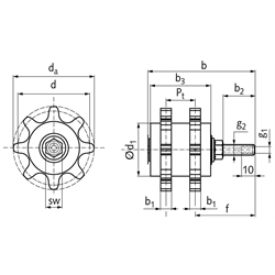 PU-Kettenschmierritzel DIN ISO 12 B-2 8 Zähne gleitgelagert Schmieranschluss axial, Technische Zeichnung