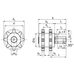 PU-Kettenschmierritzel DIN ISO 10 B-2 10 Zähne gleitgelagert Schmieranschluss radial, Technische Zeichnung