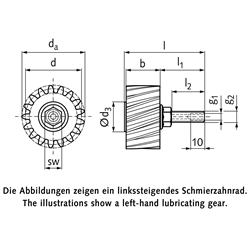 PU-Schmierzahnräder, schrägverzahnt, Schmieranschluss axial, Technische Zeichnung