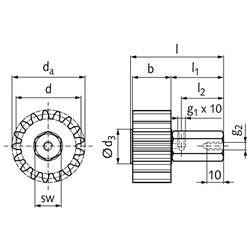 Schmierzahnräder, geradverzahnt, Schmieranschluss radial, Technische Zeichnung