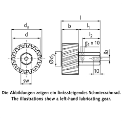 PU-Schmierzahnräder, schrägverzahnt, Schmieranschluss radial, Technische Zeichnung
