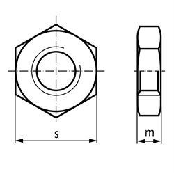 Niedrige Sechskantmutter ISO 8675 (DIN 439) Stahl Festigkeit 04 verzinkt Feingewinde M20x1,5 rechts, Technische Zeichnung