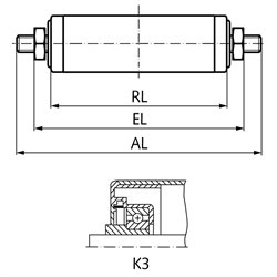 Tragrolle K3 Kunststoff blau Ø=63mm RL=400mm EL=419mm AL=449mm Außengewinde, Technische Zeichnung