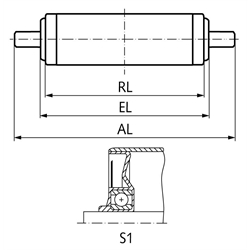 Tragrolle S1 Stahl verzinkt Ø=50mm RL=400mm EL=410mm AL=430mm Federachse, Technische Zeichnung