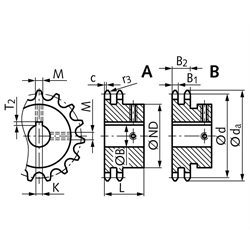 Zweifach-Kettenräder ZRF, Verzahnung gehärtet, ISO 08 B-2, Teilung 1/2 x 5/16“, Technische Zeichnung